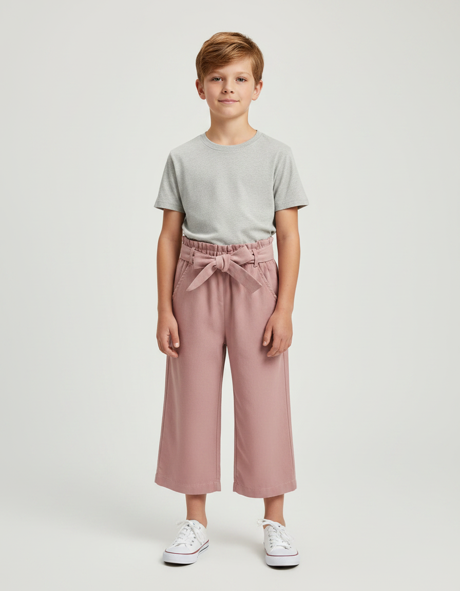 Pantalon Fluide Rose Coton Ample Ceinturé Enfant
