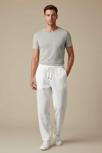 Pantalon Fluide Blanc Lin Ample Décontracté Léger Homme