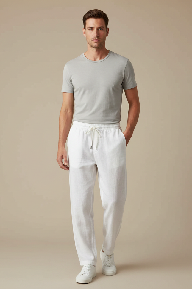 Pantalon Fluide Blanc Lin Ample Décontracté Léger Homme