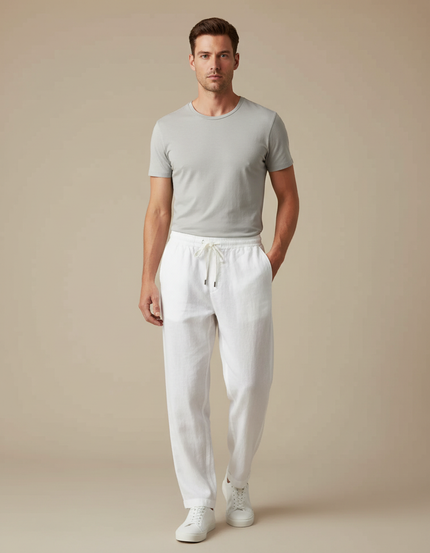 Pantalon Fluide Blanc Lin Ample Décontracté Léger Homme