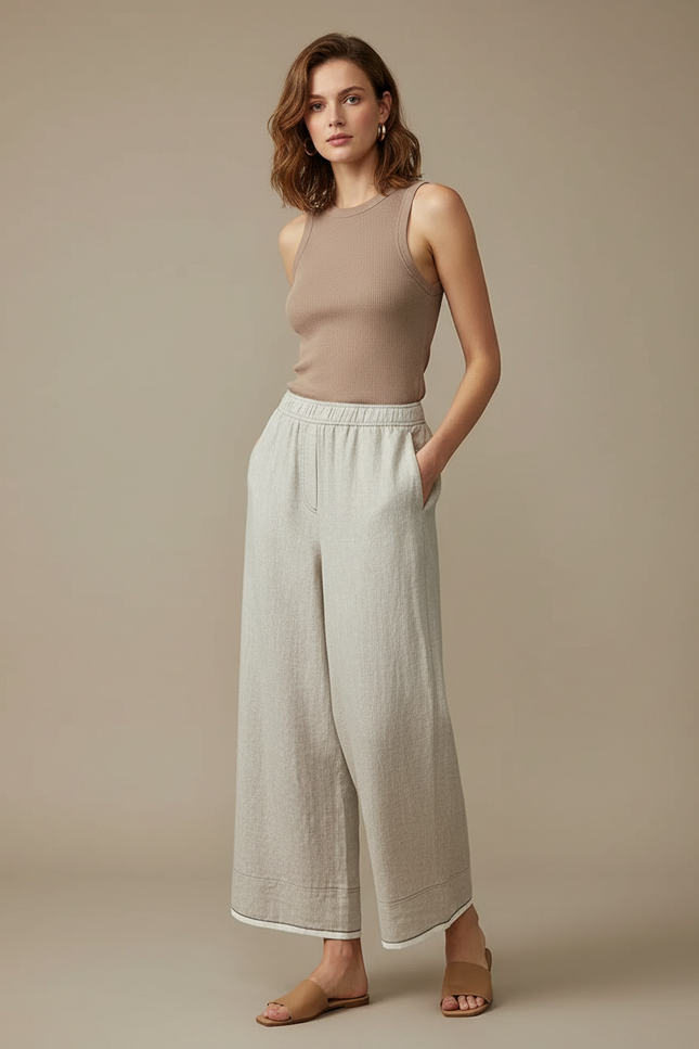 Pantalon Fluide Lin Ample Décontracté Beige Clair