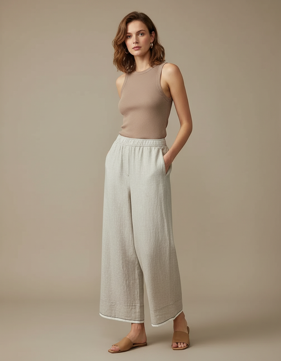 Pantalon Fluide Lin Ample Décontracté Beige Clair
