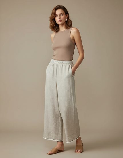 Pantalon Fluide Lin Ample Décontracté Beige Clair