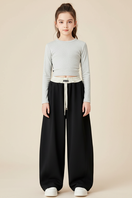 Pantalon Fluide Noir Ample Cordon Décontracté Fille - Molleton