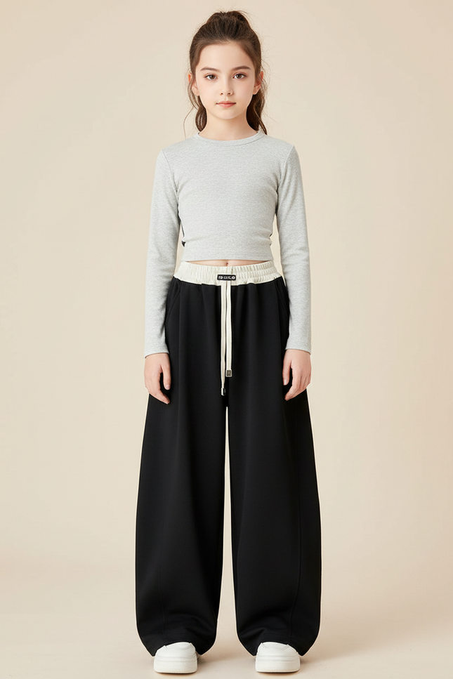 Pantalon Fluide Noir Ample Cordon Décontracté Fille - Molleton