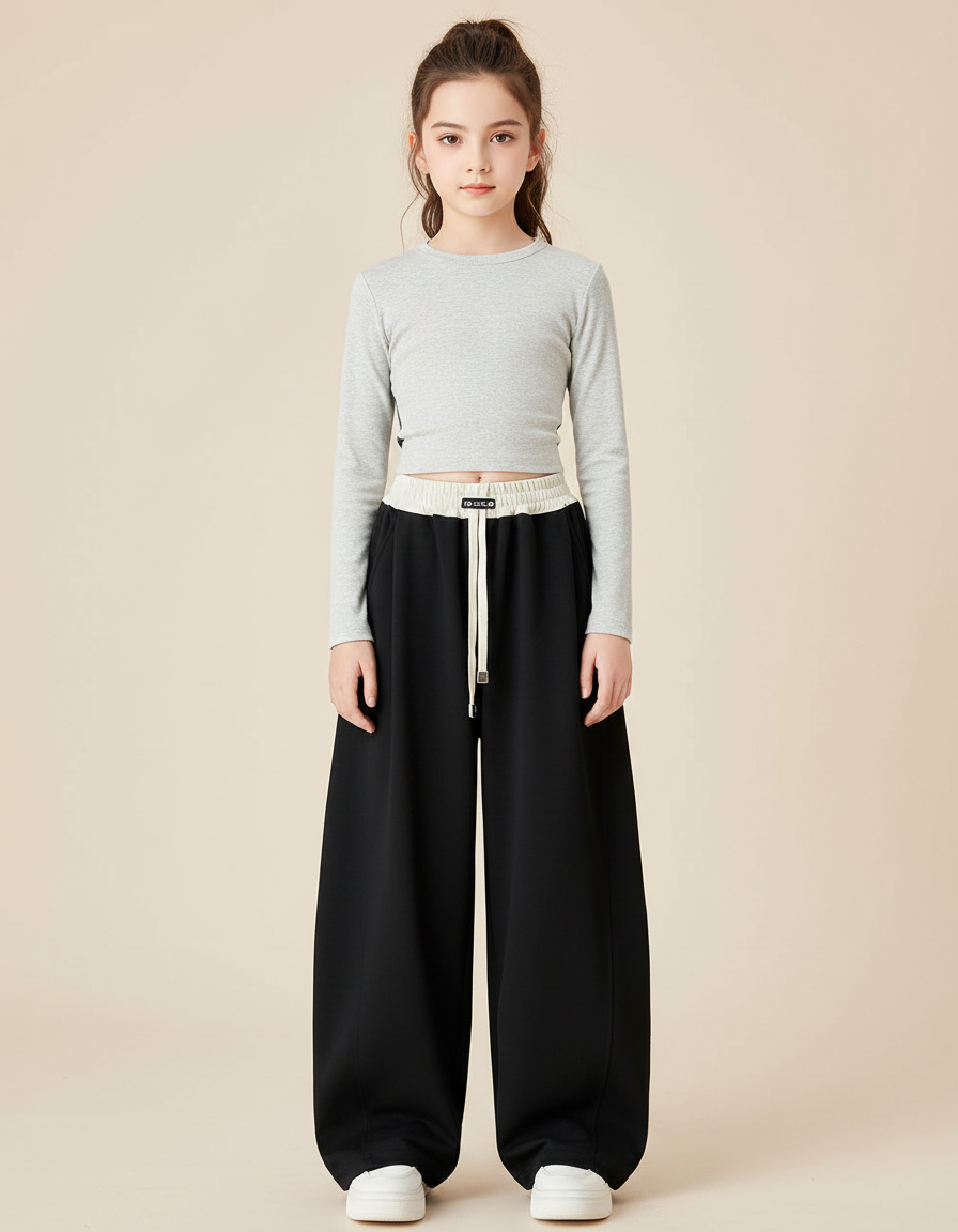 Pantalon Fluide Noir Ample Cordon Décontracté Fille - Molleton