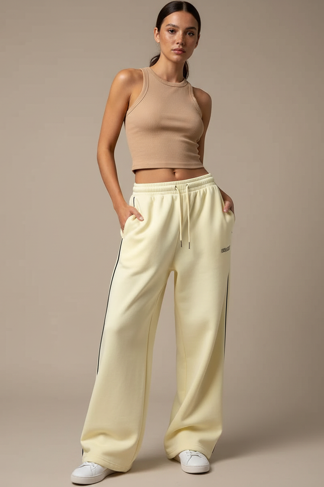 Pantalon Fluide Écru Ample Rayures Latérales Décontracté - Jaune Molleton