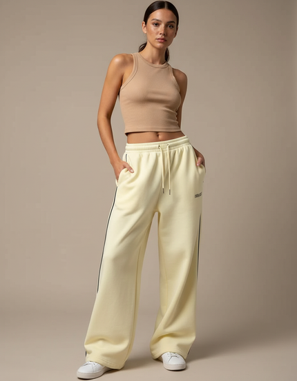 Pantalon Fluide Écru Ample Rayures Latérales Décontracté - Jaune Molleton
