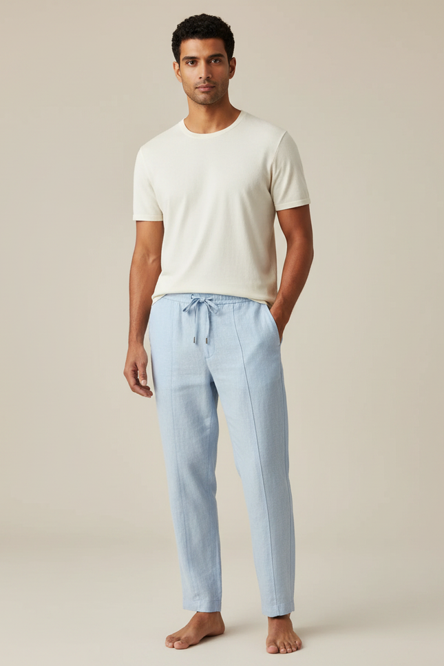 Pantalon Fluide Bleu Ciel Lin Cordon Homme Décontracté