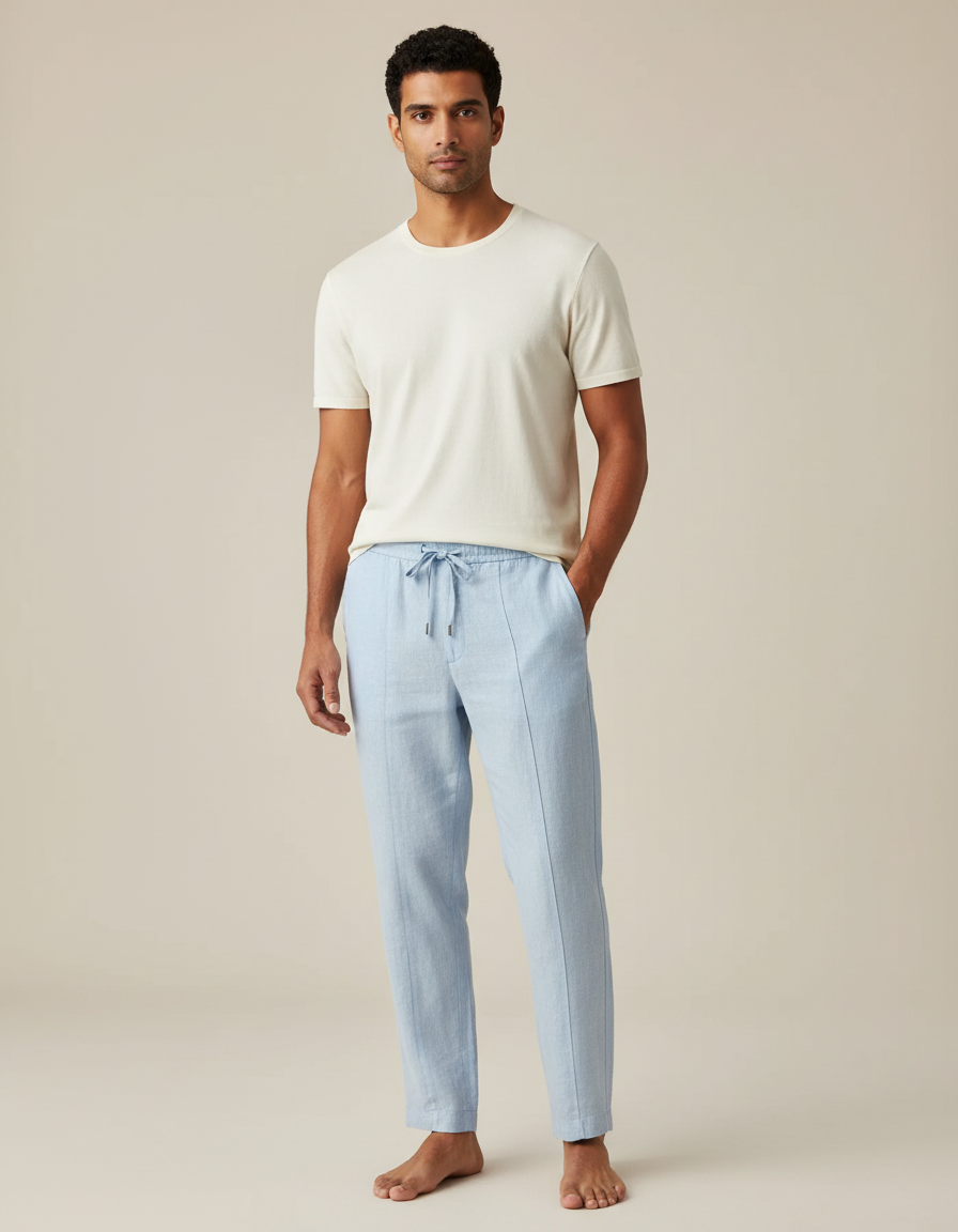 Pantalon Fluide Bleu Ciel Lin Cordon Homme Décontracté