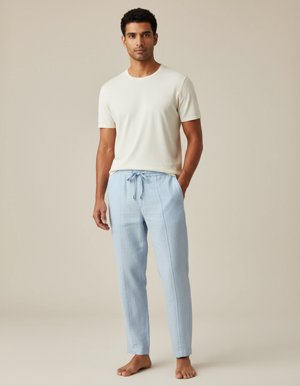 Pantalon Fluide Bleu Ciel Lin Cordon Homme Décontracté