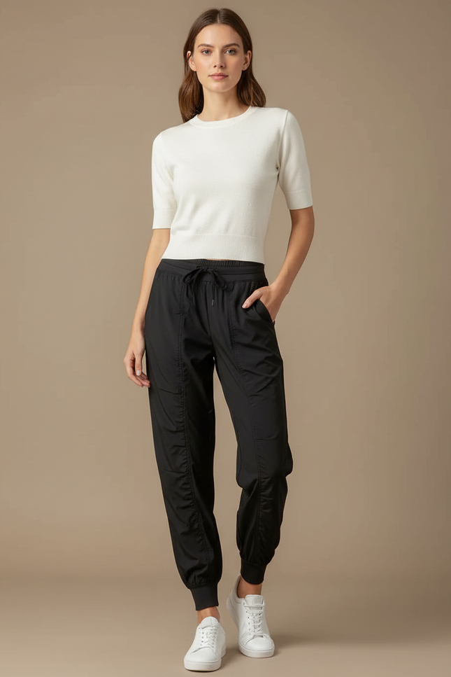 Pantalon Fluide Noir Cordon Ample Sport Femme - Polyester