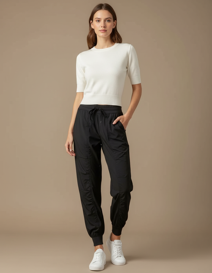 Pantalon Fluide Noir Cordon Ample Sport Femme - Polyester