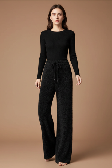 Pantalon Fluide Noir Ample Tricoté Droit Doux - Maille