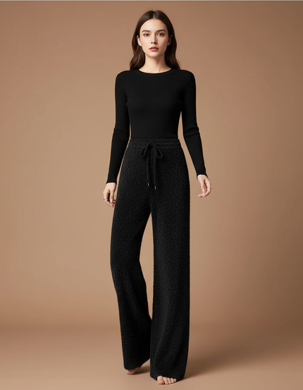 Pantalon Fluide Noir Ample Tricoté Droit Doux - Maille