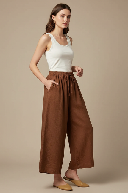 Pantalon Fluide Marron Lin Ample Cordon Décontracté