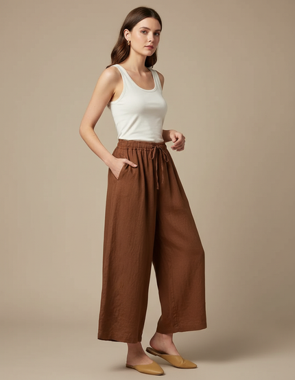 Pantalon Fluide Marron Lin Ample Cordon Décontracté