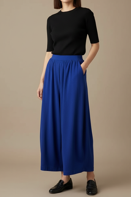 Pantalon Fluide Bleu Ample Taille Élastique Confortable - Viscose