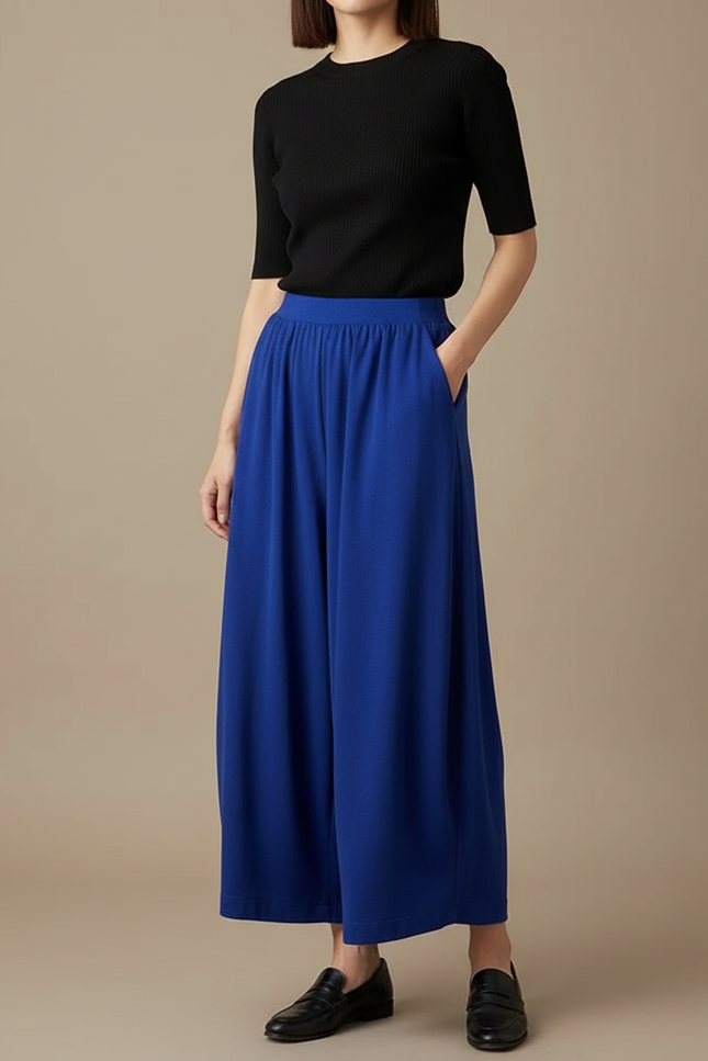 Pantalon Fluide Bleu Ample Taille Élastique Confortable - Viscose