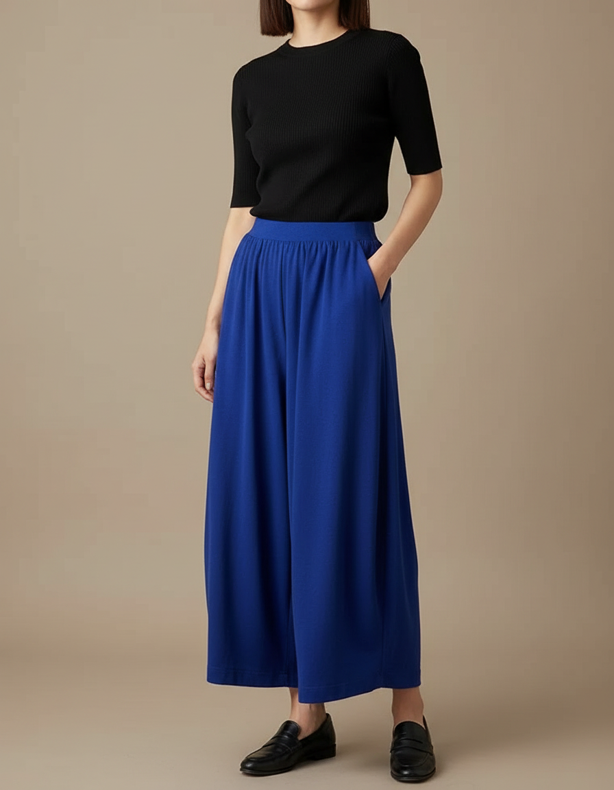 Pantalon Fluide Bleu Ample Taille Élastique Confortable - Viscose