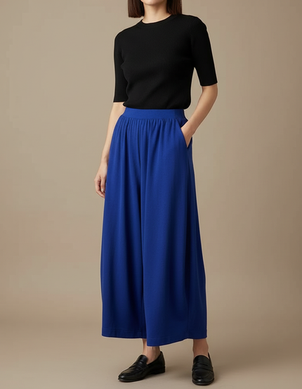 Pantalon Fluide Bleu Ample Taille Élastique Confortable - Viscose