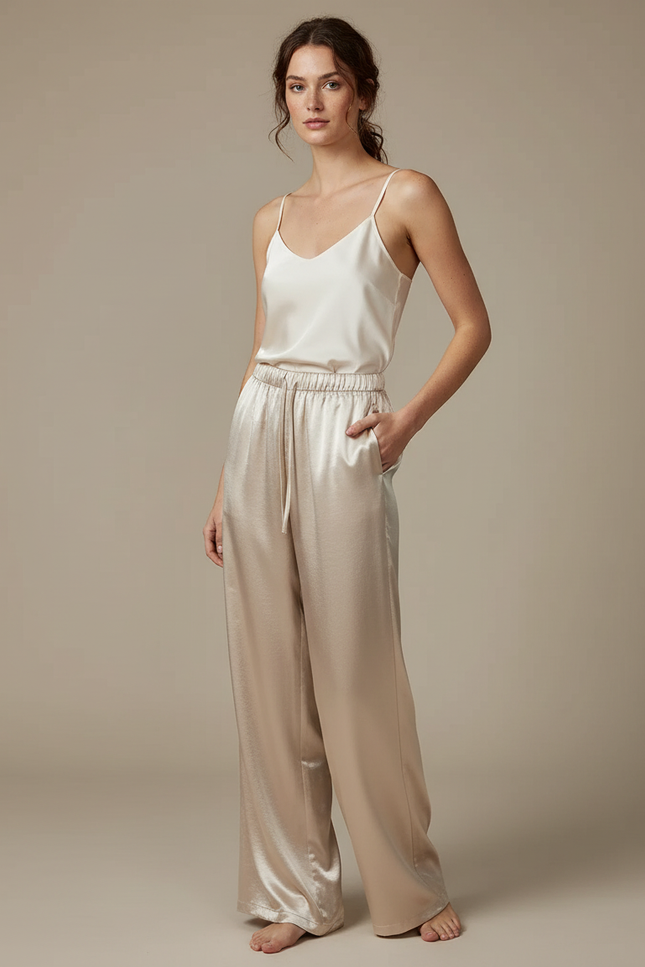 Pantalon Fluide Satiné Ample Beige Élégant Décontracté