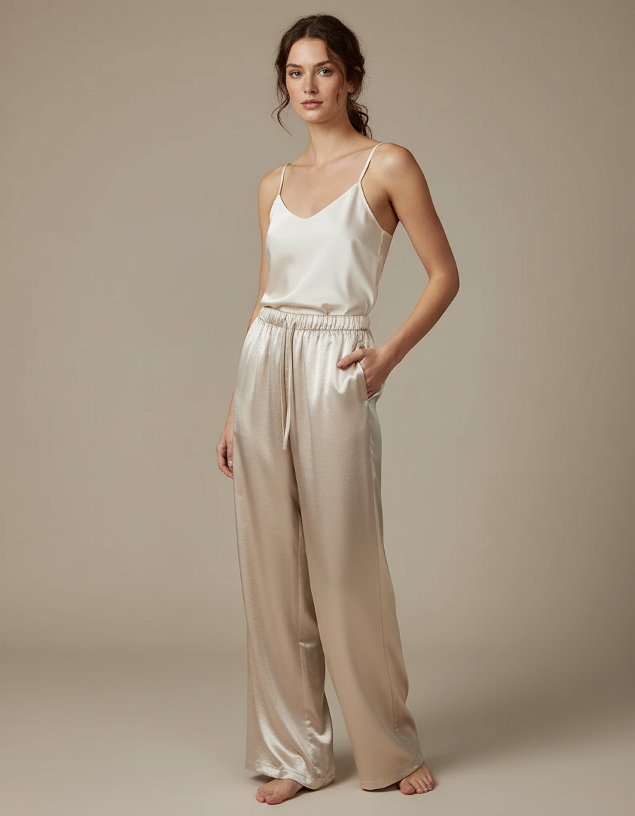 Pantalon Fluide Satiné Ample Beige Élégant Décontracté