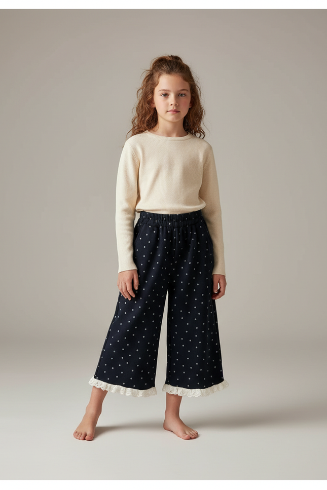 Pantalon Fluide Fille Jacquard Points Dentelle Épais - Marine Coton