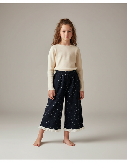 Pantalon Fluide Fille Jacquard Points Dentelle Épais - Marine Coton