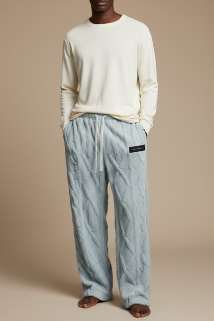 Pantalon Fluide Bleu Câblé Polaire Ample Confortable - Molleton