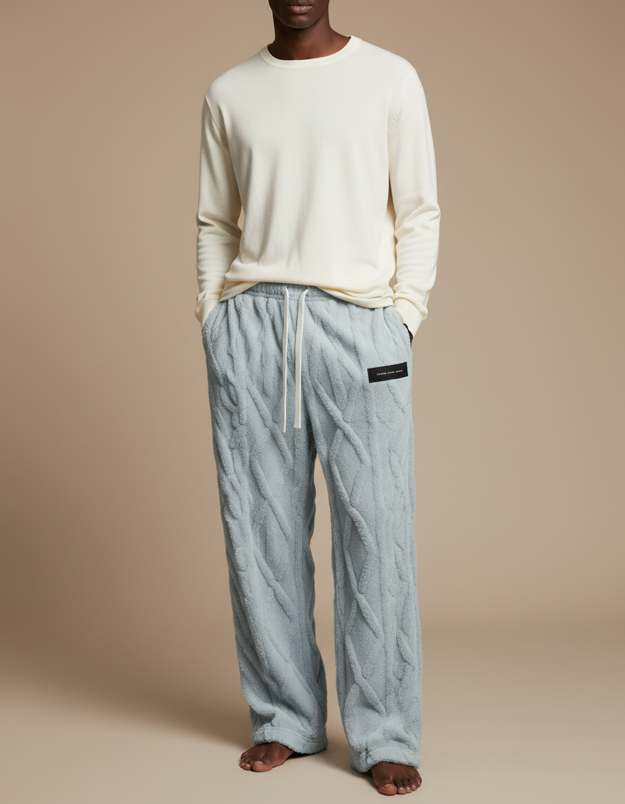 Pantalon Fluide Bleu Câblé Polaire Ample Confortable - Molleton