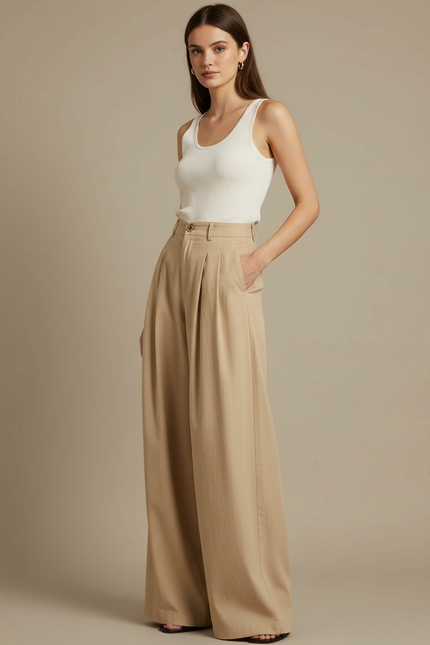 Pantalon Fluide Beige Coton Ample Plissé Décontracté