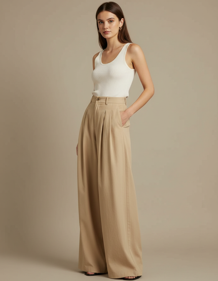 Pantalon Fluide Beige Coton Ample Plissé Décontracté