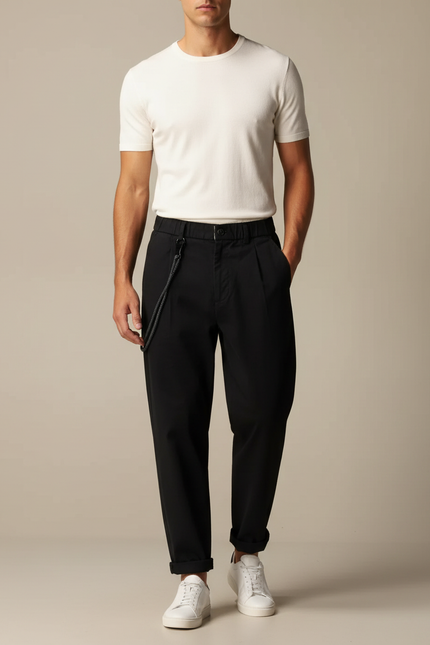 Pantalon Fluide Noir Ample Décontracté Plissé Homme - Viscose