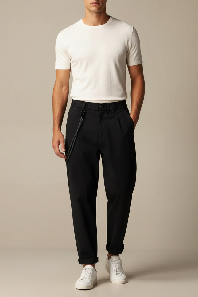 Pantalon Fluide Noir Ample Décontracté Plissé Homme - Viscose
