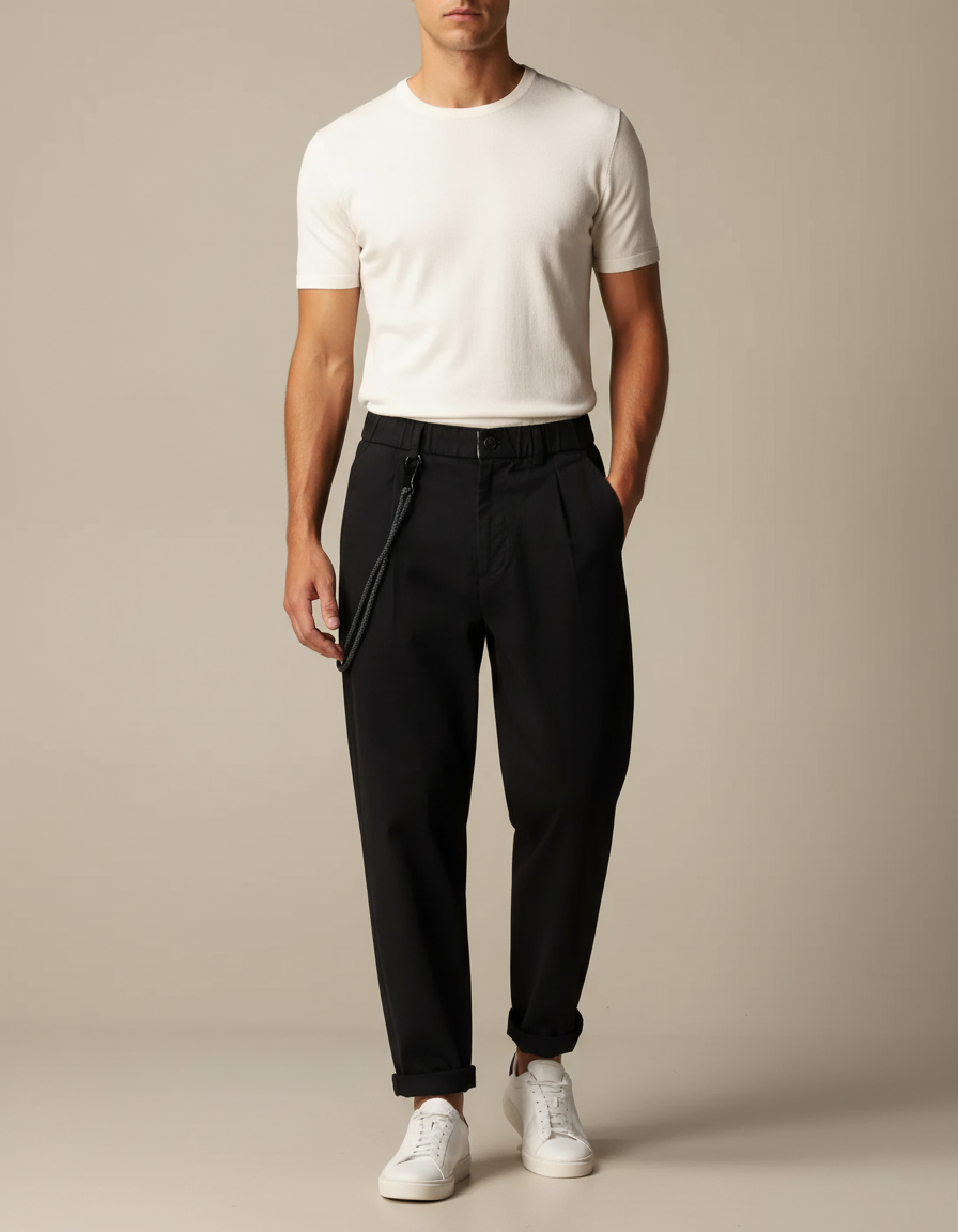 Pantalon Fluide Noir Ample Décontracté Plissé Homme - Viscose