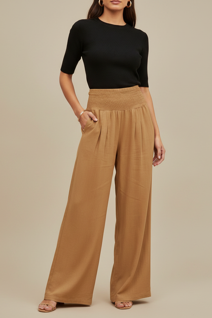 Pantalon Fluide Ample Taille Haute Plissé Marron - Camel Viscose