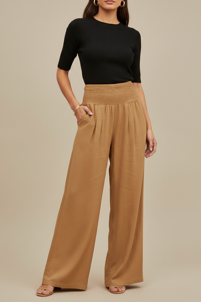 Pantalon Fluide Ample Taille Haute Plissé Marron - Camel Viscose
