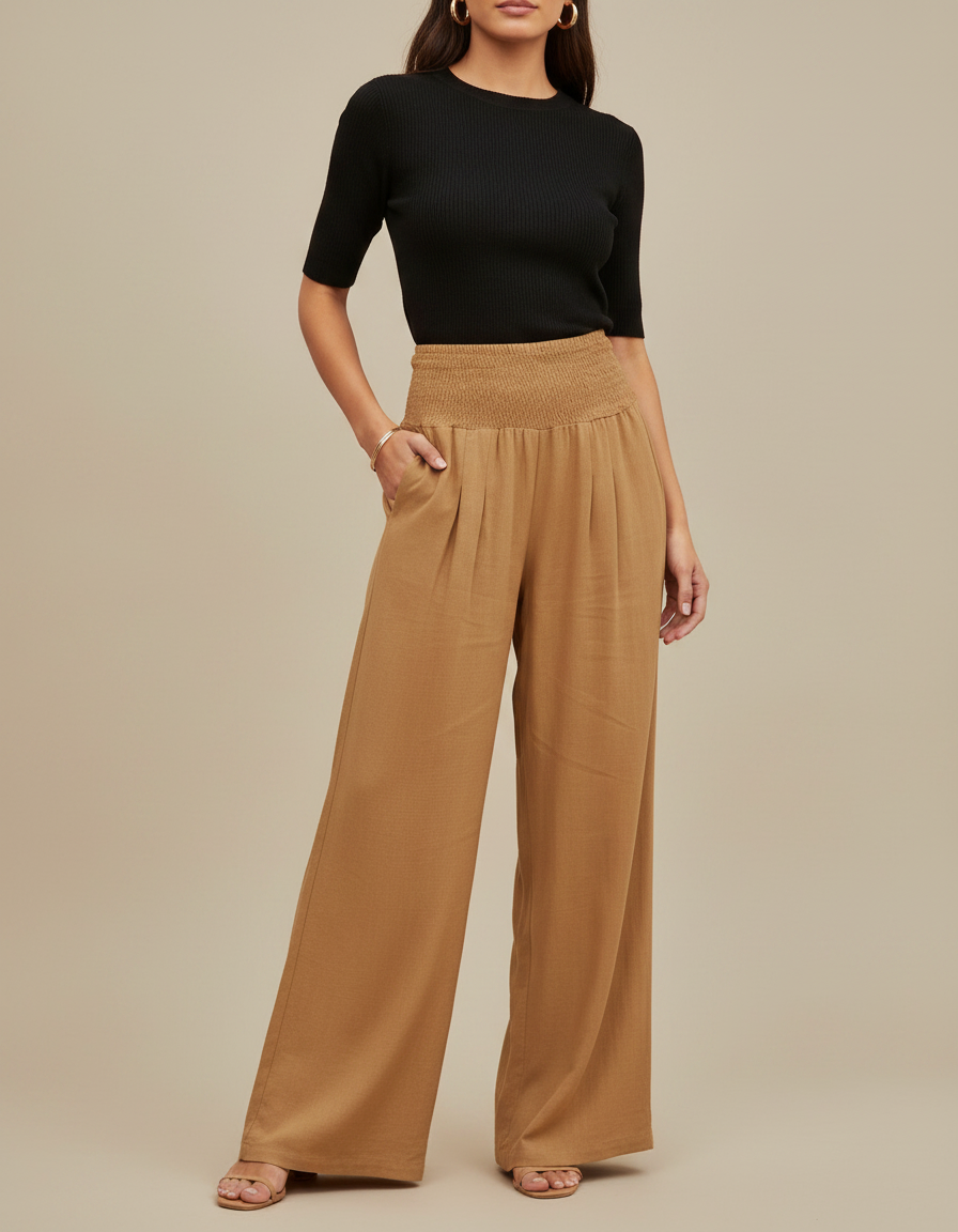 Pantalon Fluide Ample Taille Haute Plissé Marron - Camel Viscose