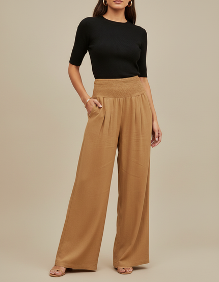 Pantalon Fluide Ample Taille Haute Plissé Marron - Camel Viscose