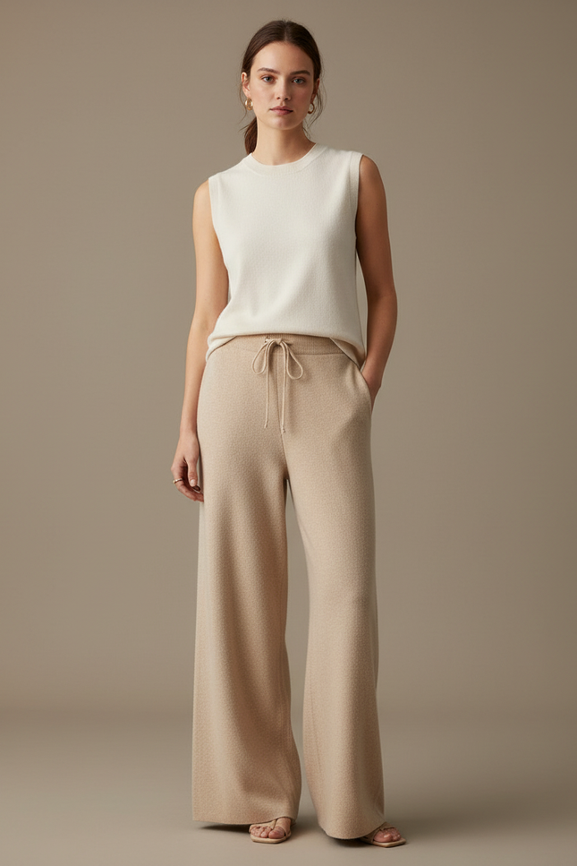Pantalon Fluide Beige Maille Large Cordon Décontracté