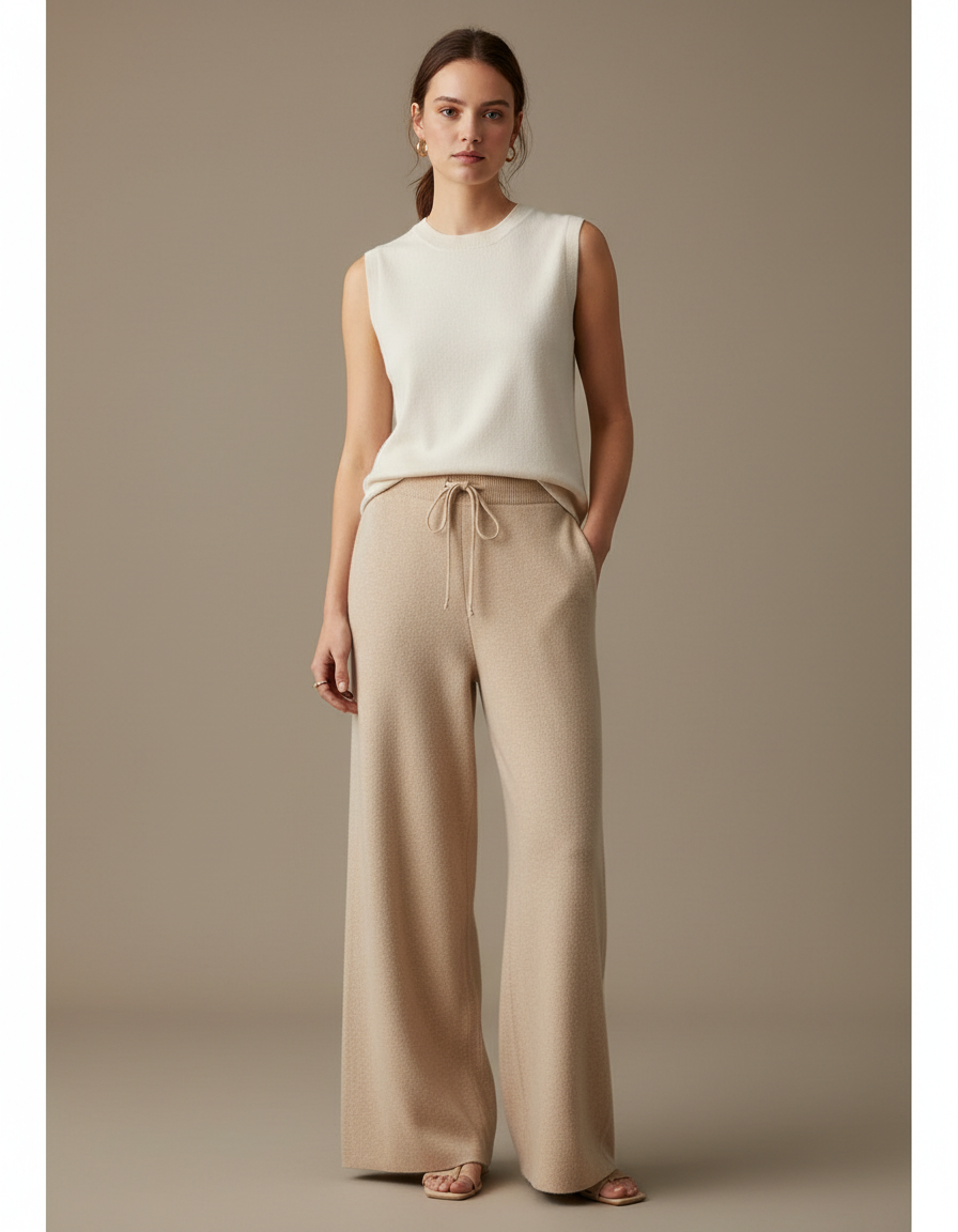 Pantalon Fluide Beige Maille Large Cordon Décontracté