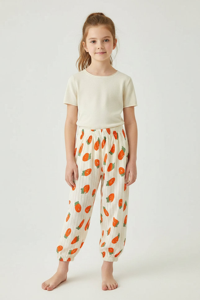 Pantalon Fluide Écru Carottes Rayures Coton Ample Enfant - Imprimé