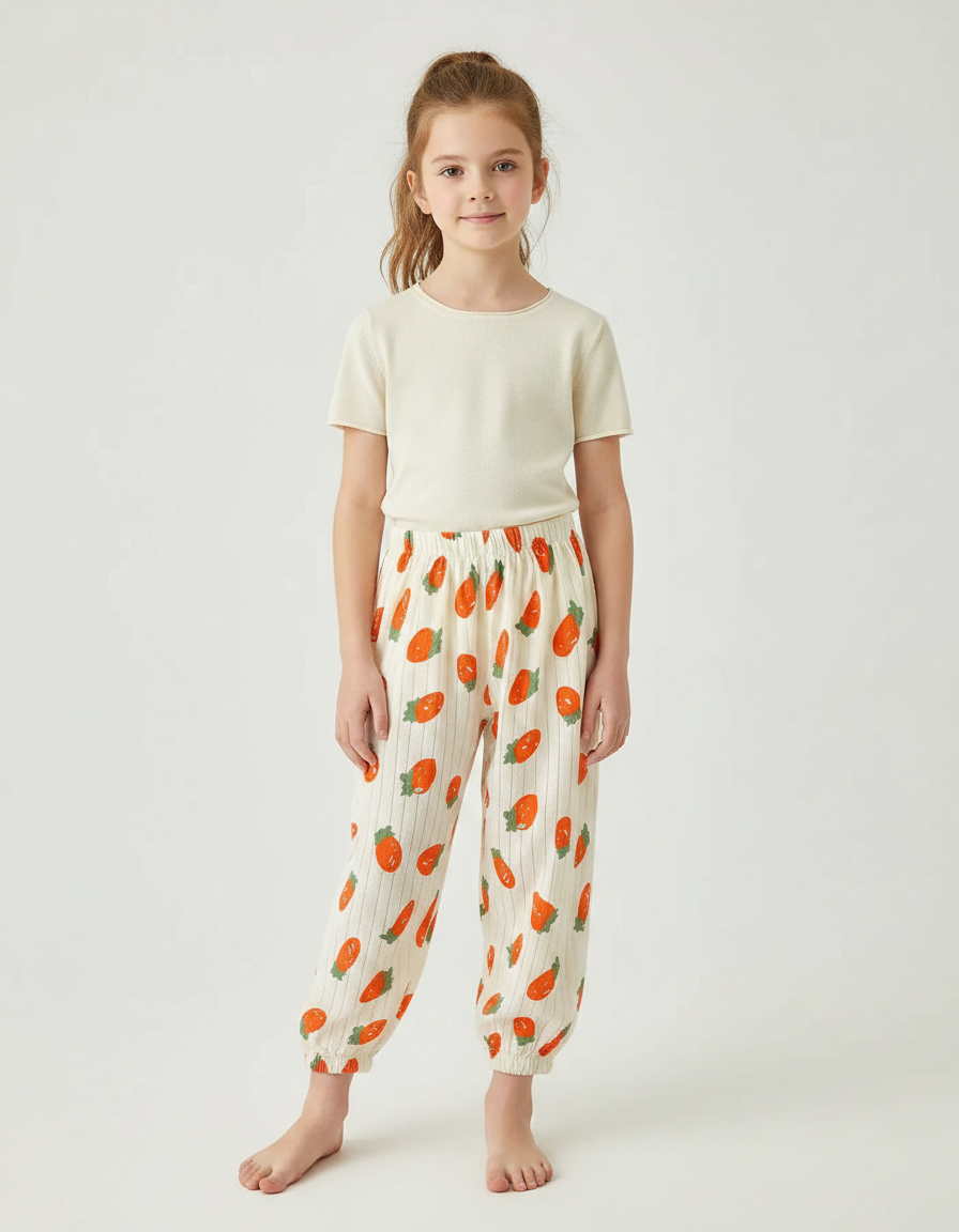 Pantalon Fluide Écru Carottes Rayures Coton Ample Enfant - Imprimé