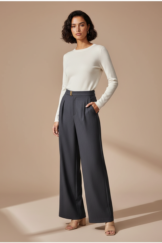 Pantalon Fluide Évasé Gris Anthracite Élégant Femme - Polyester