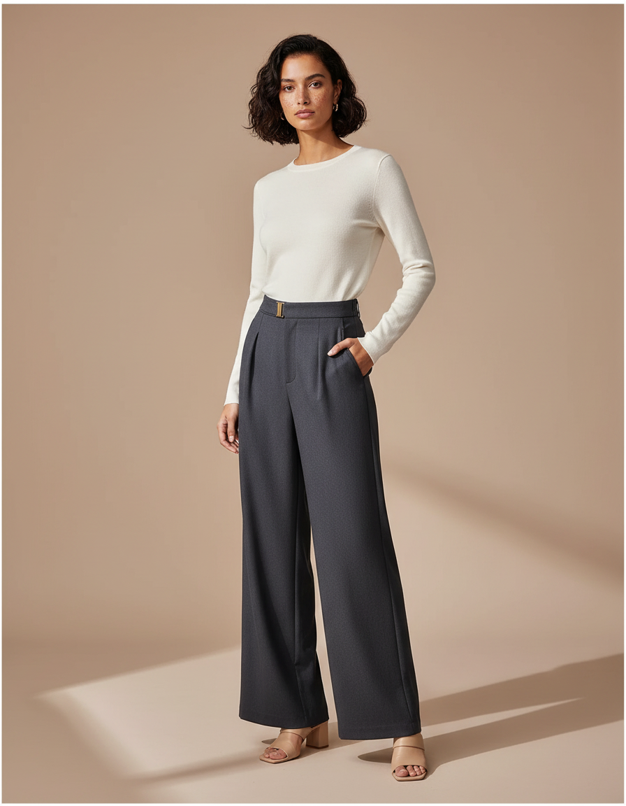 Pantalon Fluide Évasé Gris Anthracite Élégant Femme - Polyester