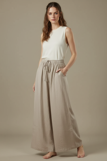 Pantalon Fluide Beige Large Coton Lin Décontracté