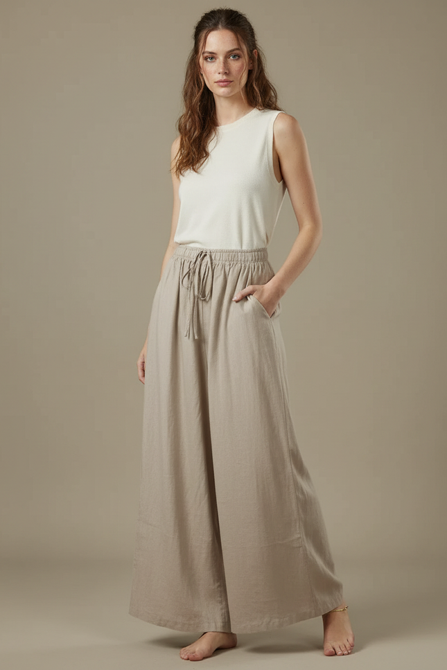Pantalon Fluide Beige Large Coton Lin Décontracté