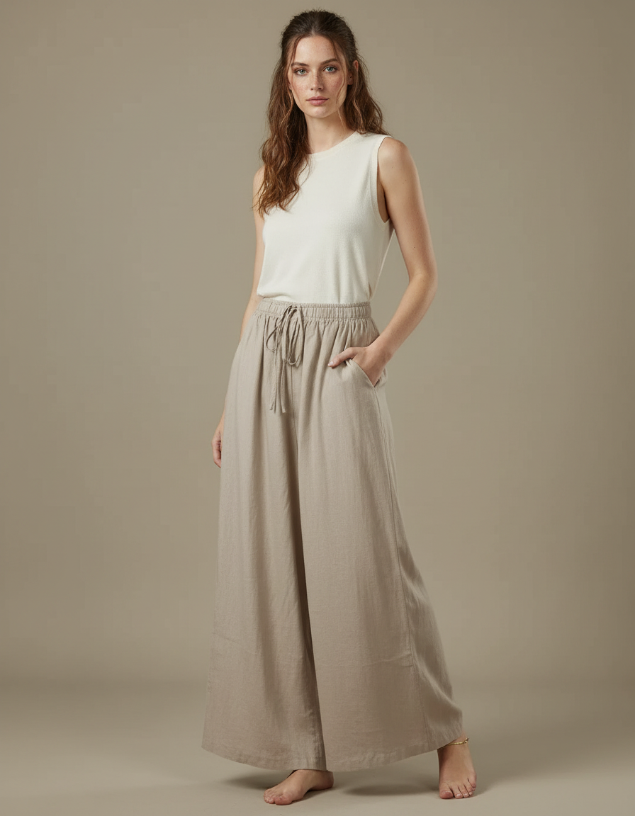 Pantalon Fluide Beige Large Coton Lin Décontracté