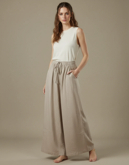 Pantalon Fluide Beige Large Coton Lin Décontracté